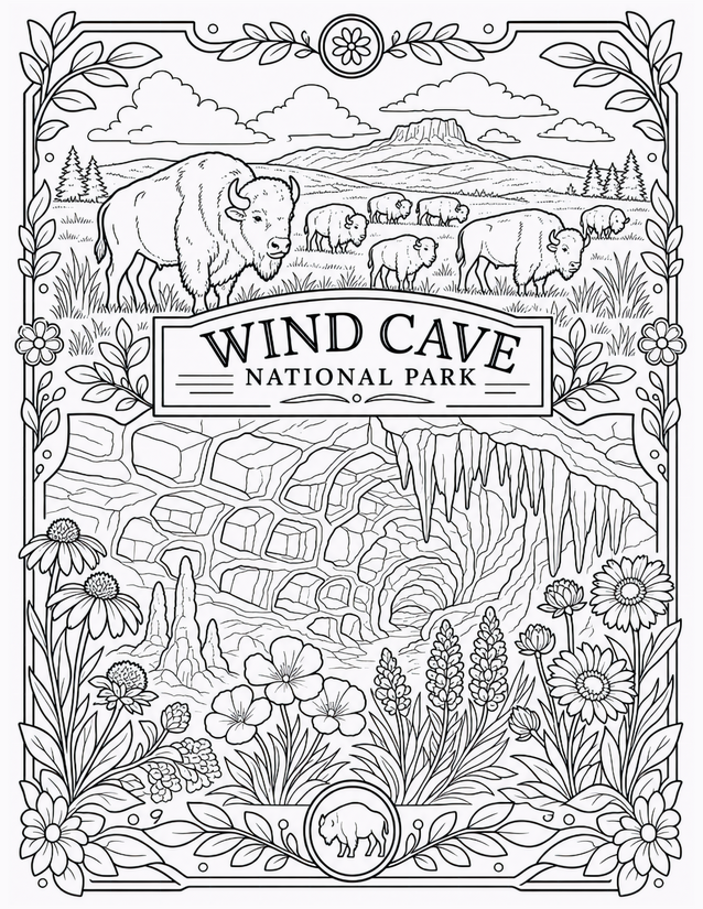 Wind Cave National Park Coloring Page, Bison and Cave Interior