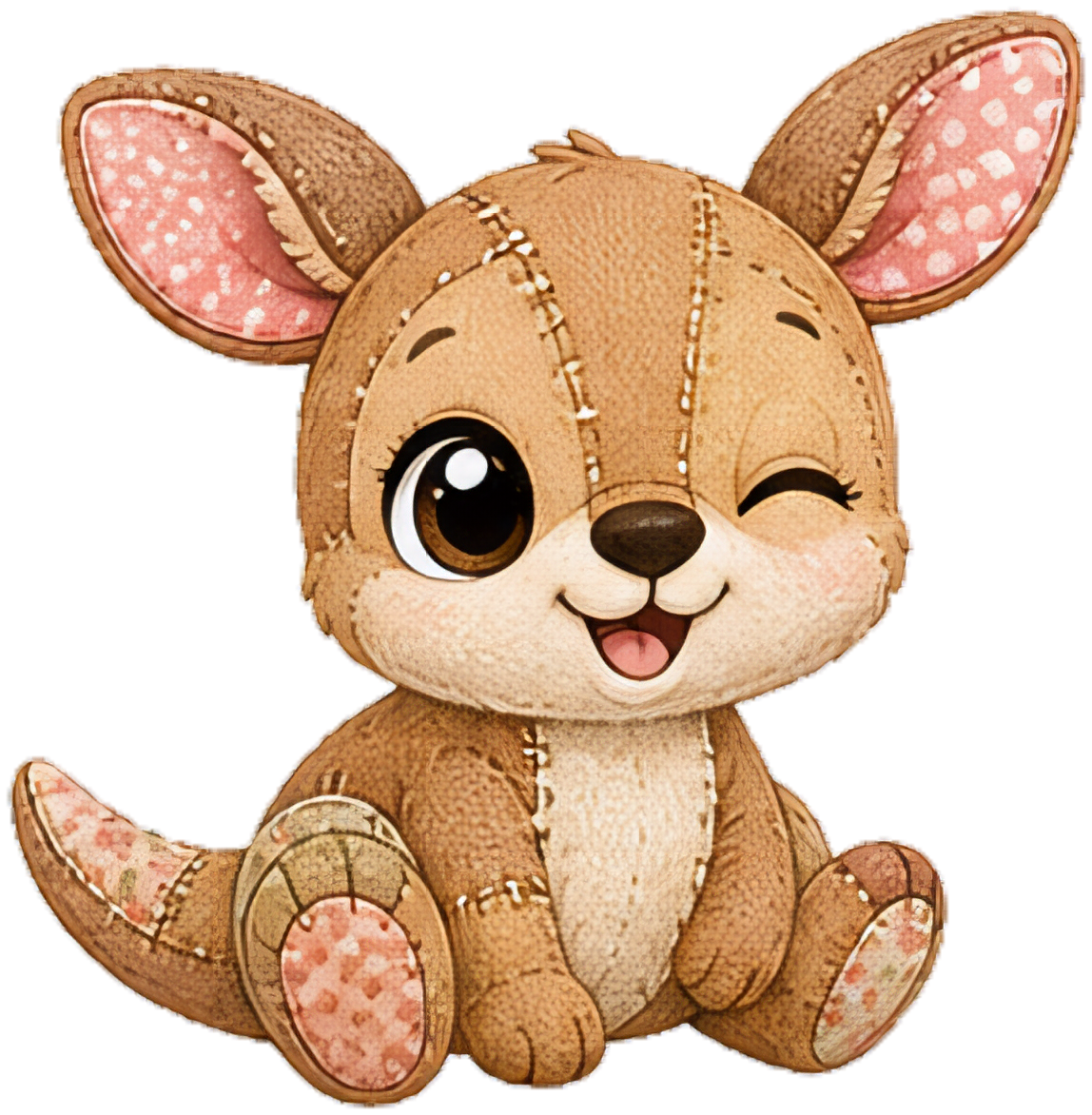 Winking Kangaroo Clipart, Patchwork Ears and Floral Paw Pads