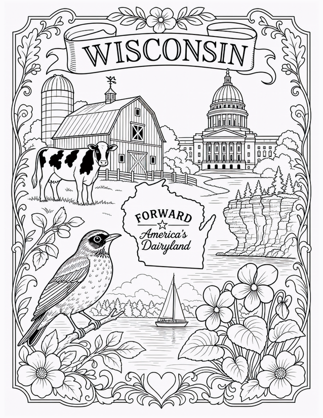 Wisconsin Coloring Page, Dairy Farm, Capitol and Robin
