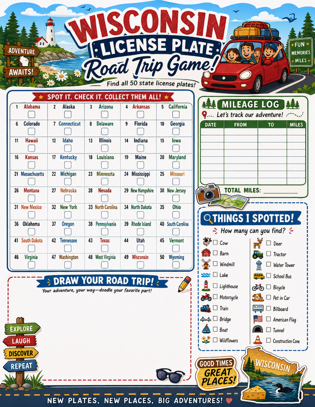 Wisconsin License Plate Game Printable, All 50 States Plus Mileage Log