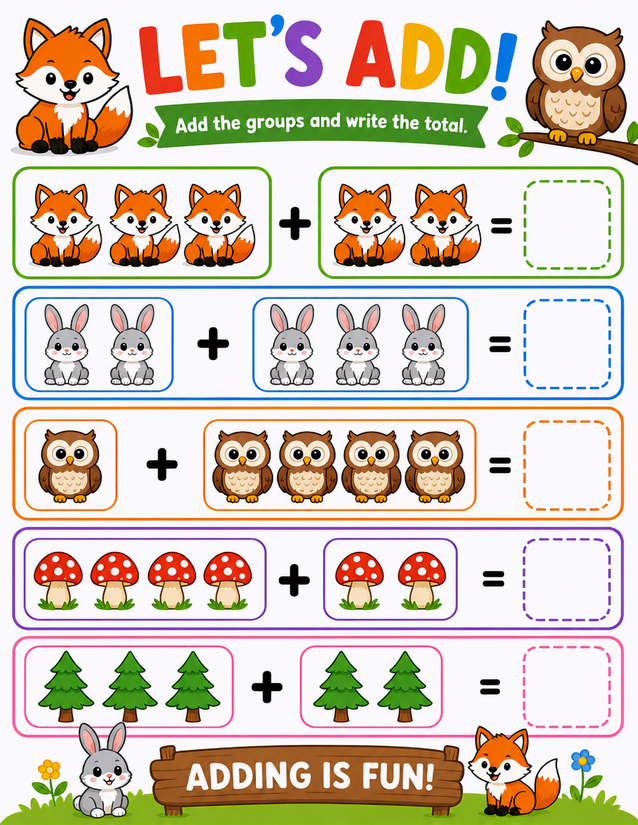 Woodland Addition Worksheet, Foxes, Bunnies, Owls, and More