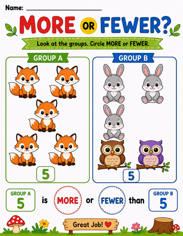 Woodland More or Fewer Worksheet, Foxes Owls and Rabbits