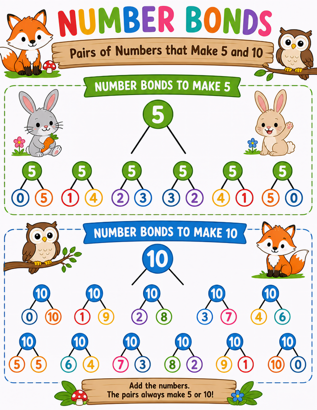 Woodland Number Bonds Worksheet, Pairs to 5 and 10