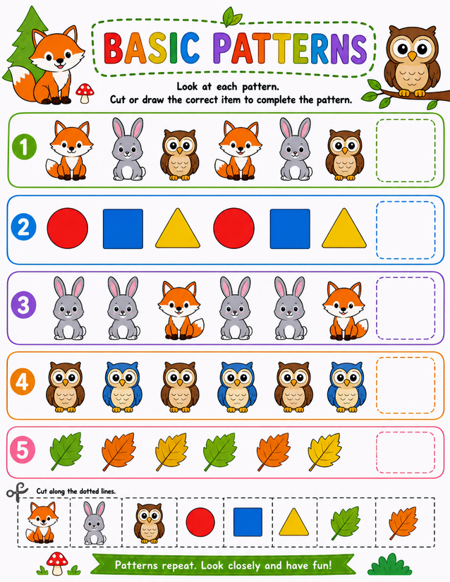 Woodland Patterns Worksheet, Foxes, Owls, Leaves, and Shapes