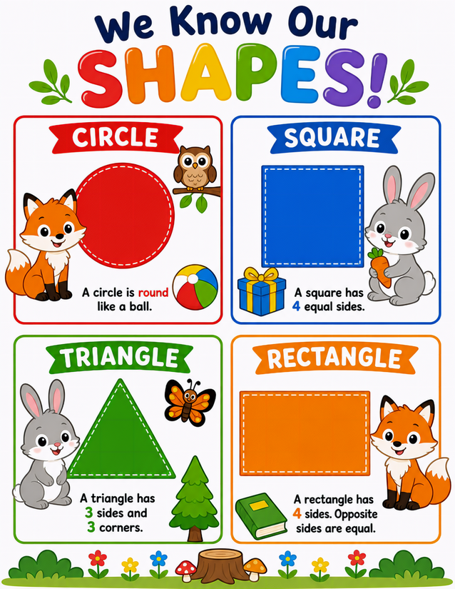 Woodland Shape Recognition Worksheet, Circle Square Triangle Rectangle
