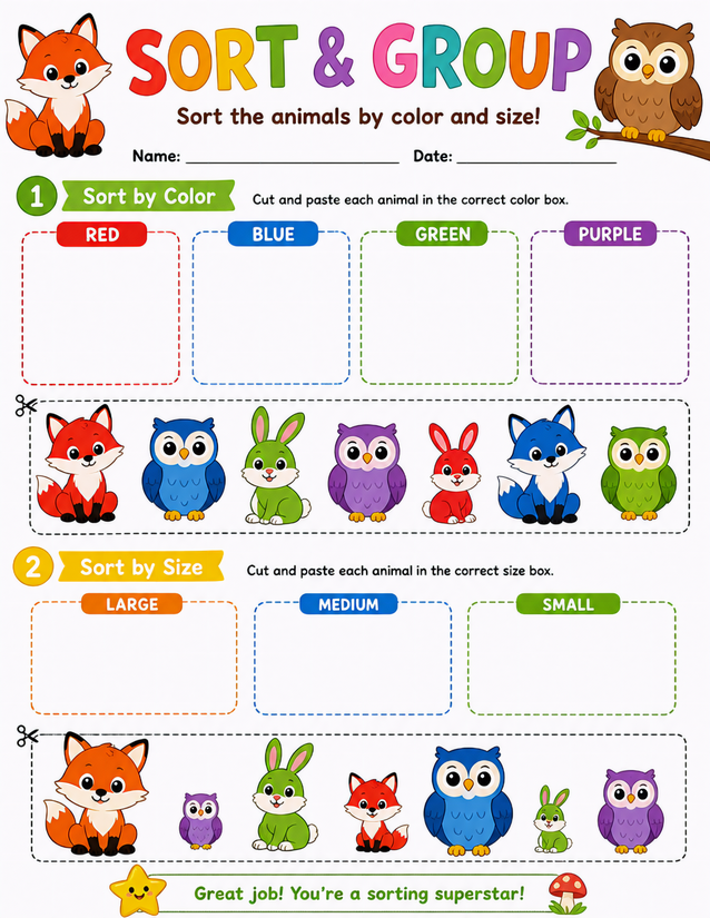 Woodland Sort and Group Worksheet, Color and Size Sorting