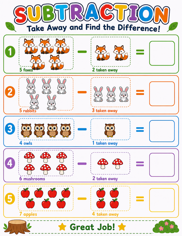 Woodland Subtraction Worksheet, Foxes, Owls, and Mushrooms