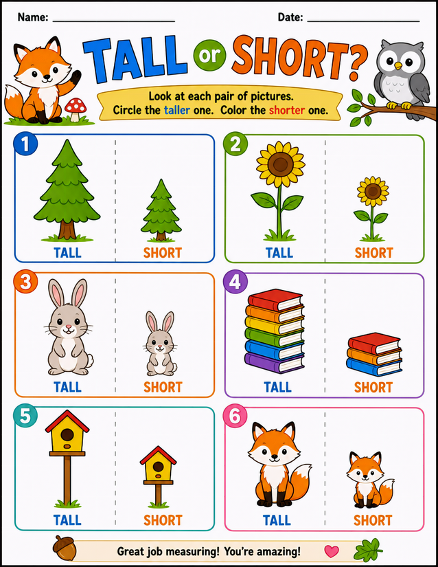 Woodland Tall or Short Worksheet, Six Picture Pairs