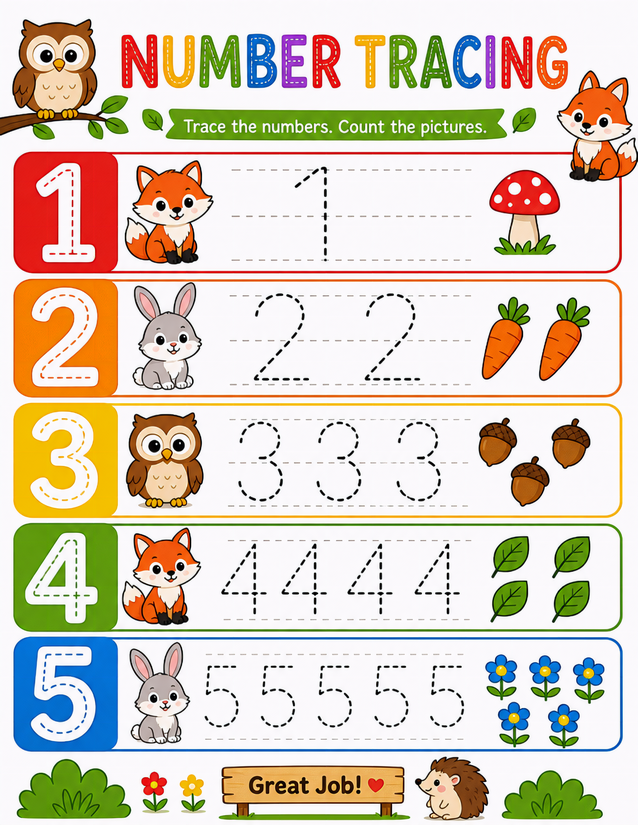 Woodland Trace the Numbers Worksheet, 1 to 5 With Counting Pictures