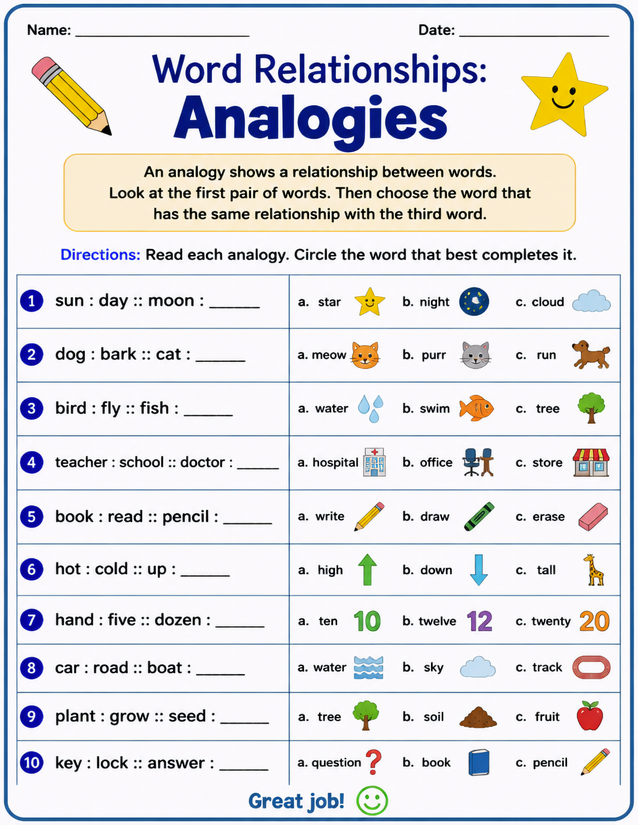 Word Relationships Analogies Worksheet, 10 Questions