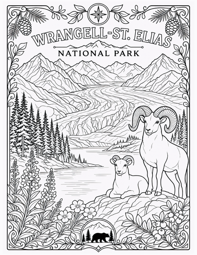 Wrangell-St. Elias National Park Coloring Page, Dall Sheep and Glacier