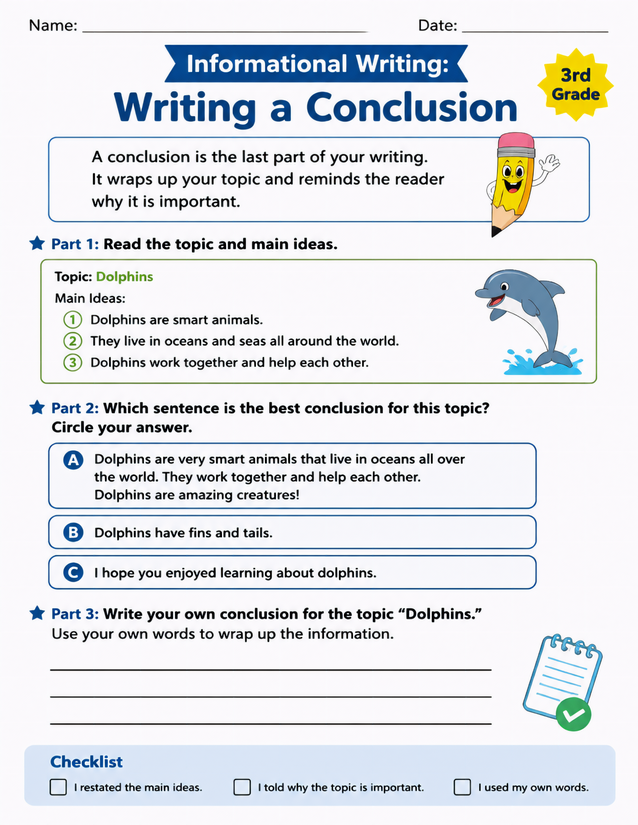 Writing a Conclusion Worksheet, 3rd Grade Dolphins Topic