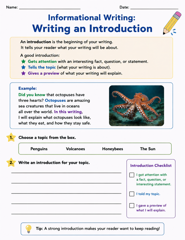 Writing an Introduction Worksheet, Informational Writing