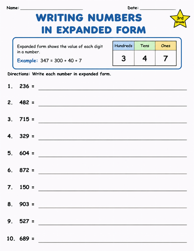 Writing Numbers in Expanded Form, 10-Problem 3rd Grade Worksheet