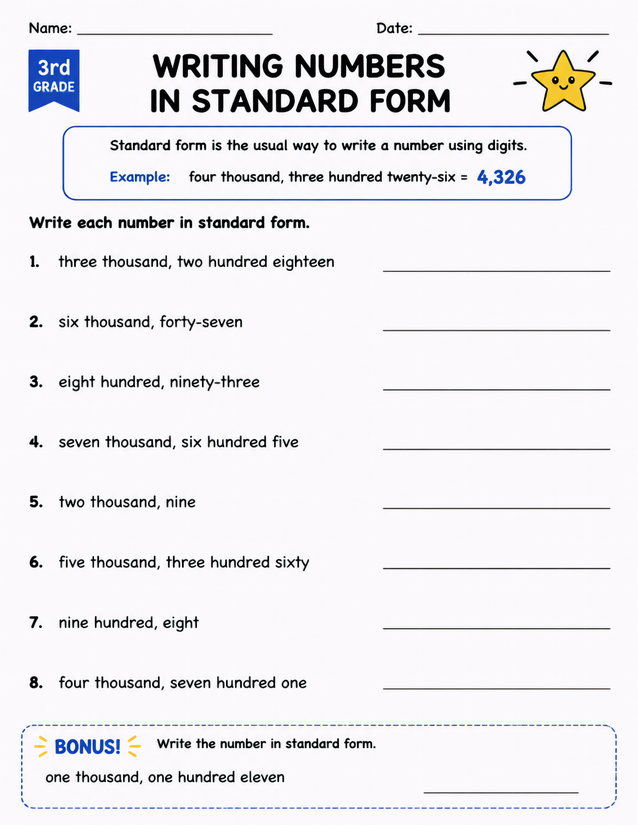 Writing Numbers in Standard Form, 3rd Grade Math Worksheet