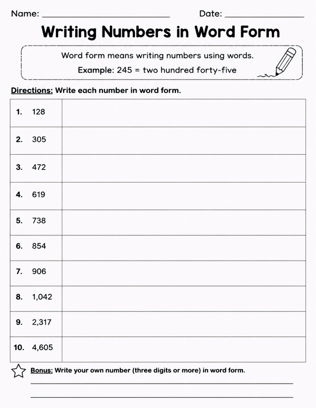 Writing Numbers in Word Form Worksheet, Three to Four Digits