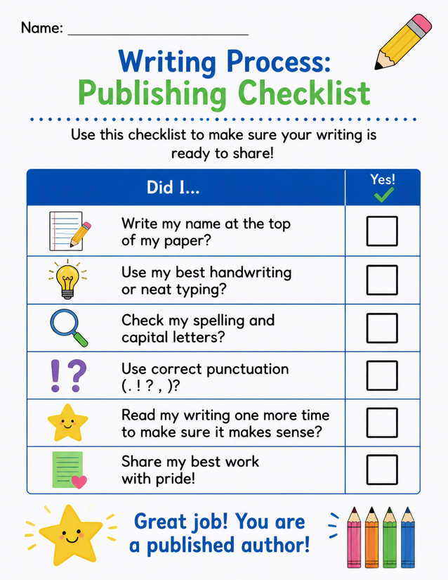 Writing Process Publishing Checklist for Young Authors