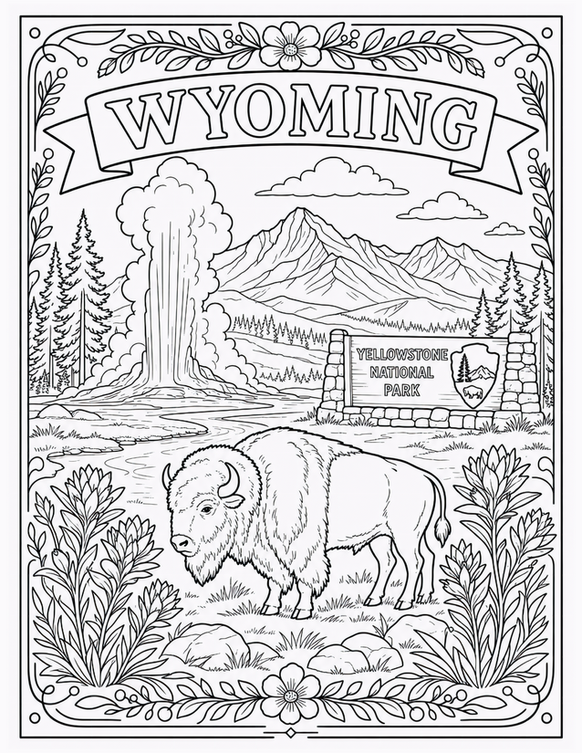 Wyoming Coloring Page, Bison and Old Faithful