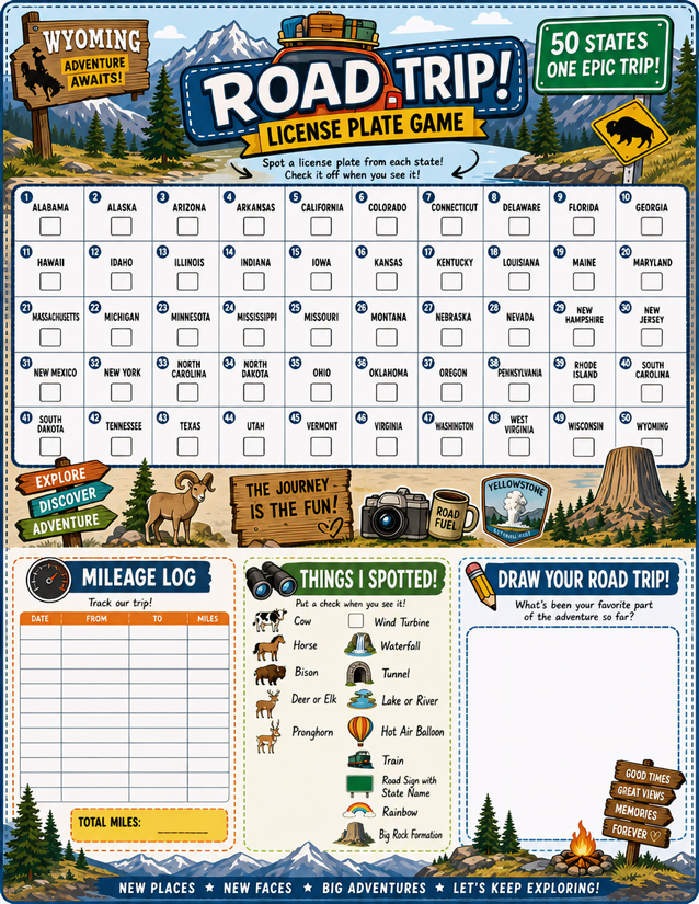 Wyoming License Plate Game Printable, With Mileage Log and Spotter Checklist