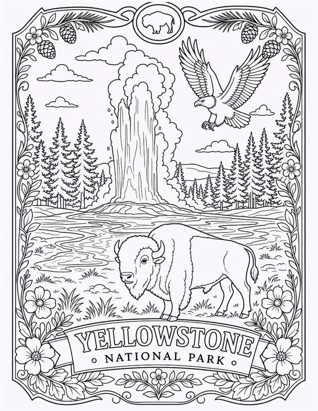 Yellowstone National Park Coloring Page, Bison and Geyser
