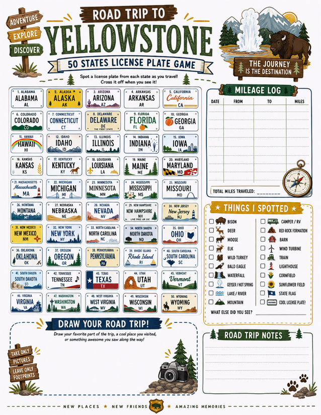 Yellowstone Road Trip License Plate Game, Mileage Log and Spotter Checklist