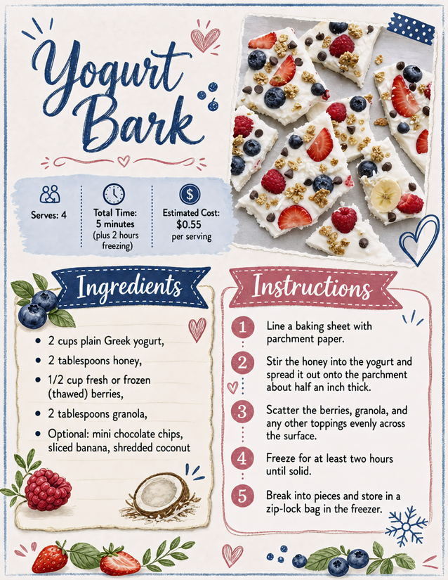 Yogurt Bark Recipe Card, Berries and Granola Toppings