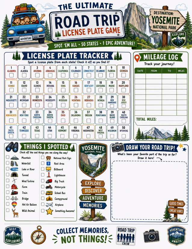 Yosemite License Plate Game Printable, With Mileage Log and Spot List