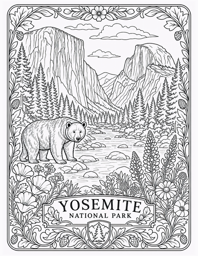 Yosemite National Park Coloring Page, Bear and El Capitan