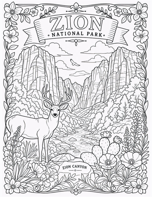 Zion National Park Coloring Page, Mule Deer and Canyon River