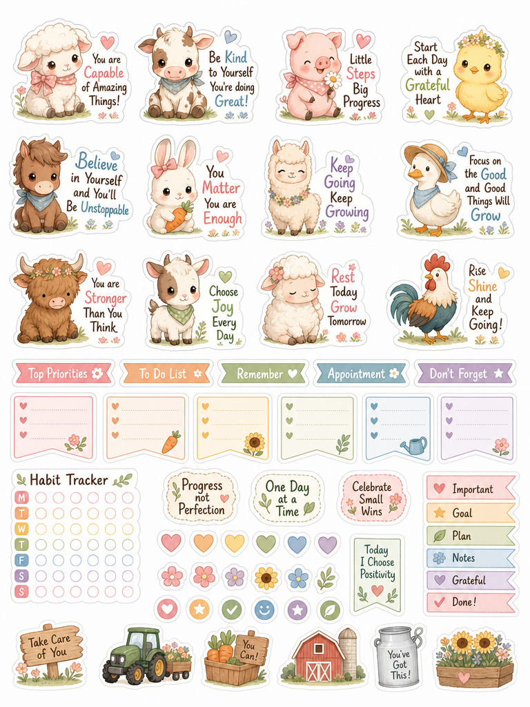Cute Farm Planner Stickers Sheet